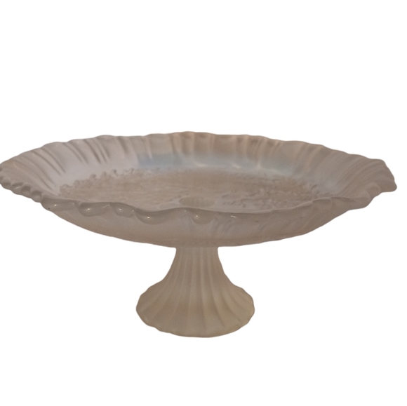 Frosted Glass, Winter Woods Pedestal Dish, Ruffled Edge, Fluted Base, Winter Sce - Picture 2 of 7